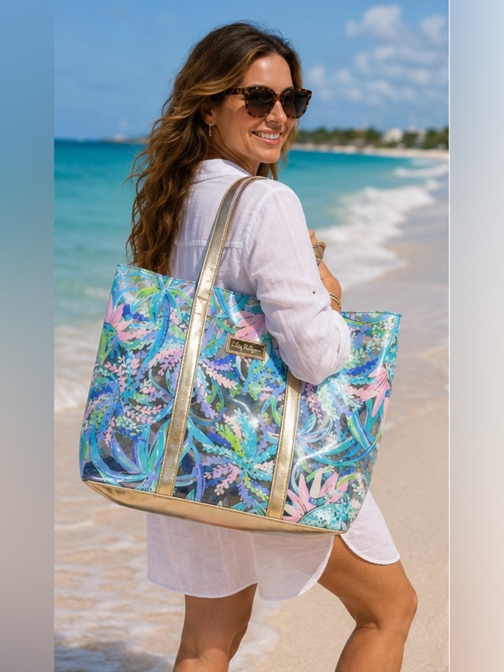 VGUC Lilly Pulitzer Tropical Blue Floral Tote with Gold Trim